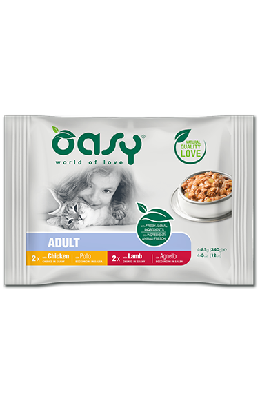 Oasy Bocconcini in Salsa Pollo e Agnello 4x85g - Cibo Umido per Gatti Oasy Bocconcini in Salsa Pollo e Agnello 4x85g - Cibo Umido per Gatti